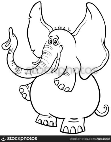 Black and white cartoon illustration of funny African elephant animal character coloring book page