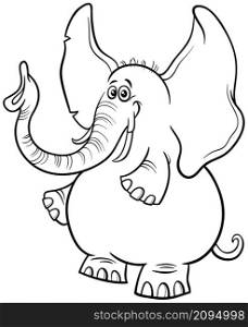 Black and white cartoon illustration of funny African elephant animal character coloring book page