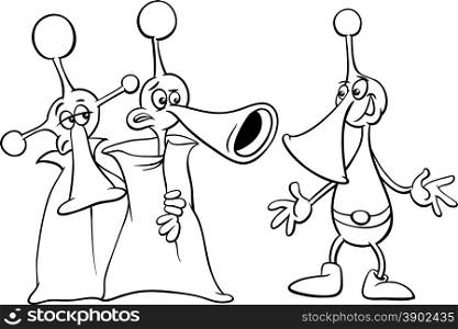 Black and White Cartoon Illustration of Funny Aliens or Martians Comic Characters for Coloring Book