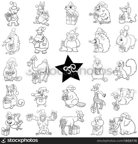 Black and white cartoon illustration of funny animal characters with presents on Christmas holiday big set