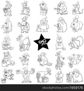 Black and white cartoon illustration of funny animal characters with presents on Christmas holiday big set