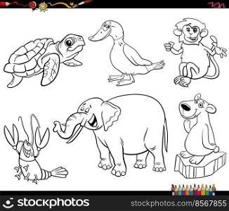 Black and white cartoon illustration of funny animals characters set coloring page