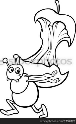 Black and White Cartoon Illustration of Funny Ant Character with Apple Core for Coloring Book