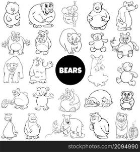 Black and white cartoon illustration of funny bears animal characters big set coloring book page