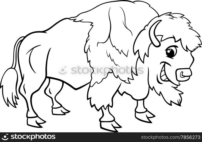 Black and White Cartoon Illustration of Funny Bison or American Buffalo Wild Animal for Coloring Book