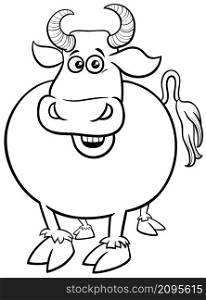 Black and white cartoon illustration of funny bull farm animal character coloring book page