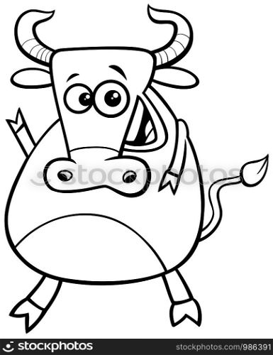 Black and White Cartoon Illustration of Funny Bull Farm Animal Character Coloring Book Page