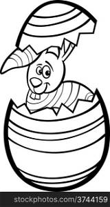 Black and White Cartoon Illustration of Funny Bunny in Colorful Eggshell of Easter Egg for Coloring Book