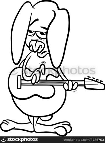 Black and White Cartoon Illustration of Funny Bunny Playing Rock on Bass Electric Guitar for Coloring Book