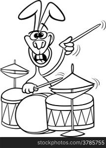 Black and White Cartoon Illustration of Funny Bunny Playing Rock on Drums for Coloring Book