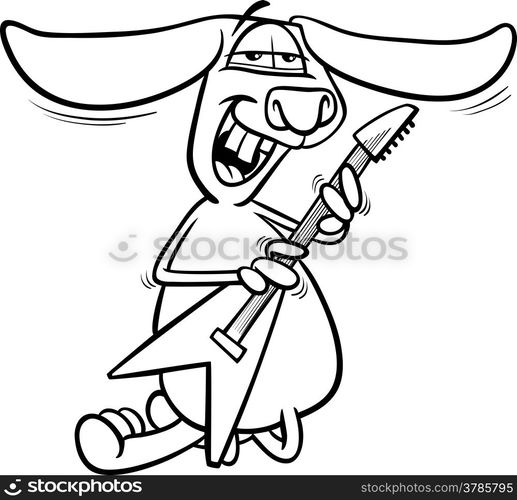 Black and White Cartoon Illustration of Funny Bunny Playing Rock on Electric Guitar for Coloring Book