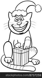 Black and white cartoon illustration of funny cat animal character with Christmas present coloring page