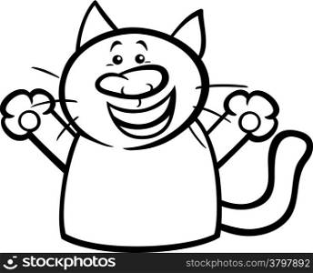 Black and White Cartoon Illustration of Funny Cat Expressing Happiness Emotion for Coloring Book