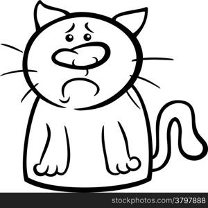 Black and White Cartoon Illustration of Funny Cat Expressing Sadness Emotion for Coloring Book