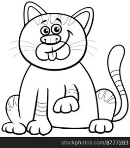 Black and white cartoon illustration of funny cat or kitten comic animal character coloring page