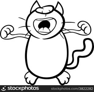 Black and White Cartoon Illustration of Funny Cat Stretching after Nap for Coloring Book