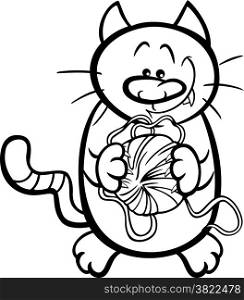 Black and White Cartoon Illustration of Funny Cat with Ball of Wool for Coloring Book