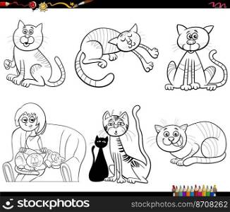 Black and white cartoon illustration of funny cats and kittens animal characters set coloring pa≥