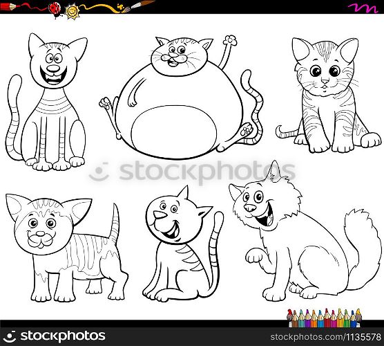 Black and White Cartoon Illustration of Funny Cats and Kittens Pet Animal Characters Set Coloring Book Page