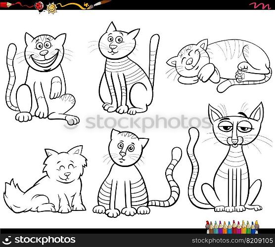 Black and white cartoon illustration of funny cats comic animal characters set coloring page