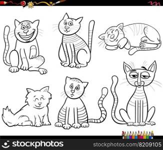 Black and white cartoon illustration of funny cats comic animal characters set coloring page