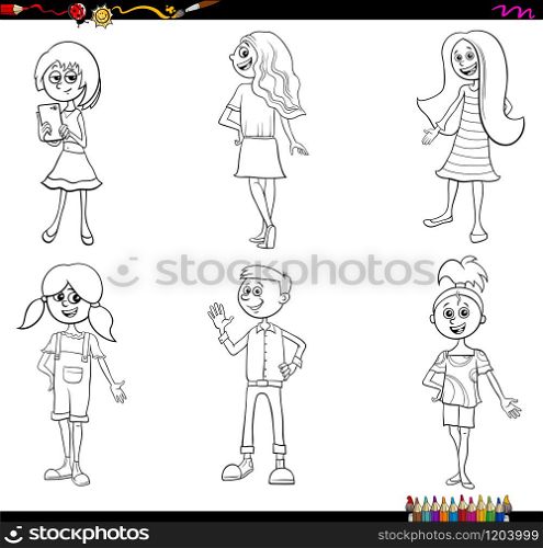 Black and White Cartoon Illustration of Funny Children and Teen Characters Set Coloring Book Page