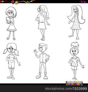 Black and White Cartoon Illustration of Funny Children and Teen Characters Set Coloring Book Page