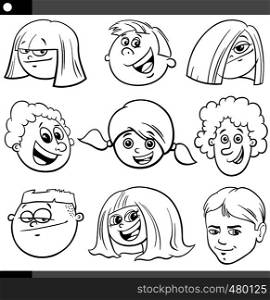 Black and White Cartoon Illustration of Funny Children or Teenagers Characters Faces Set