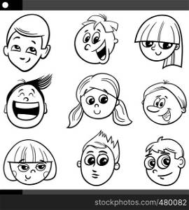 Black and White Cartoon Illustration of Funny Children or Teens Characters Faces Set