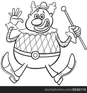 Black and white cartoon illustration of funny circus clown comic character coloring page