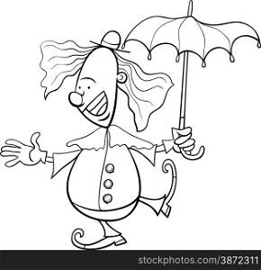 Black and White Cartoon Illustration of Funny Clown Circus Performer with Umbrella for Coloring Book