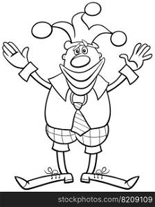 Black and white cartoon illustration of funny clown comic character coloring page