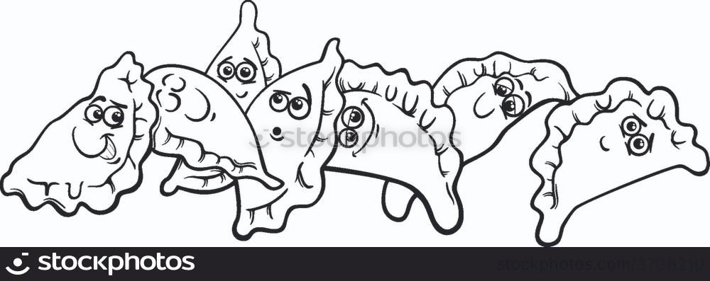 Black and White Cartoon Illustration of Funny Comic Dumplings or Pierogi Food Dish Characters Group for Coloring Book