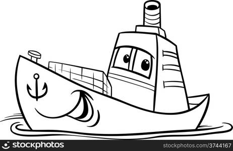 Black and White Cartoon Illustration of Funny Container Ship Comic Mascot Character for Coloring Book