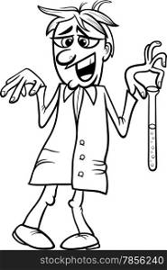 Black and White Cartoon Illustration of Funny Crazy Scientist with Substance in Vial for Coloring Book