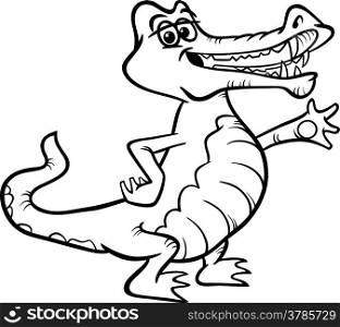 Black and White Cartoon Illustration of Funny Crocodile or Alligator Reptile Animal for Coloring Book