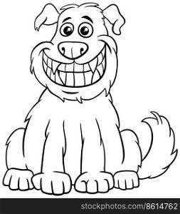 Black and white cartoon illustration of funny dog animal character grinning coloring page