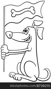 Black and white cartoon illustration of funny dog animal character with dog bone on the flag coloring page