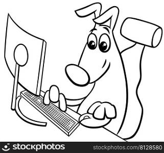 Black and white cartoon illustration of funny dog animal character with personal computer coloring page