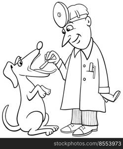 Black and white cartoon illustration of funny dog at the vet having throat exam coloring page