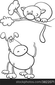 Black and White Cartoon Illustration of Funny Dog Character and Cat on a Tree Branch for Coloring Book