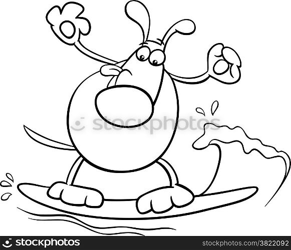 Black and White Cartoon Illustration of Funny Dog Character Surfing on Board for Coloring Book