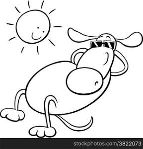 Black and White Cartoon Illustration of Funny Dog Character Taking a Sunbath for Coloring Book