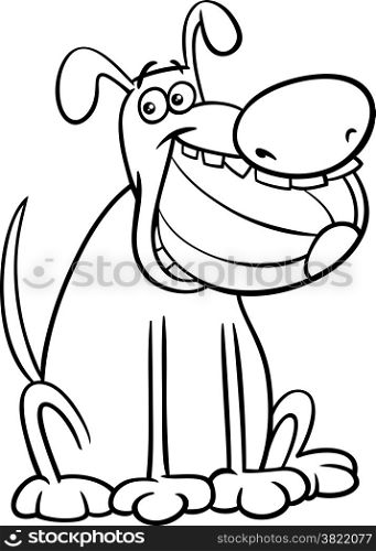 Black and White Cartoon Illustration of Funny Dog Character with Ball for Coloring Book