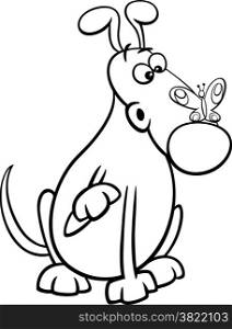 Black and White Cartoon Illustration of Funny Dog Character with Butterfly on his Nose for Coloring Book