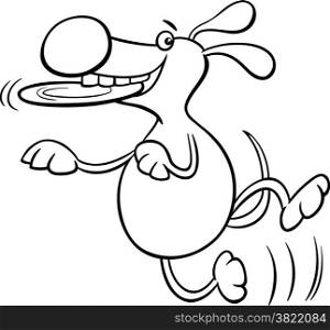 Black and White Cartoon Illustration of Funny Dog Character with Frisbee for Coloring Book