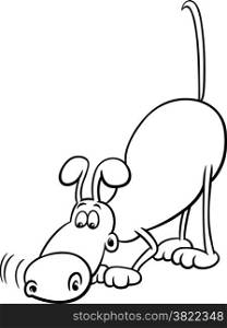 Black and White Cartoon Illustration of Funny Dog Character with Sniffing and Trucking for Coloring Book