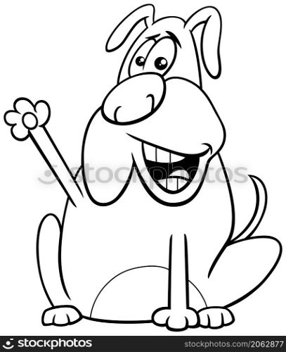 Black and white Cartoon illustration of funny dog comic animal character waving his paw coloring book page