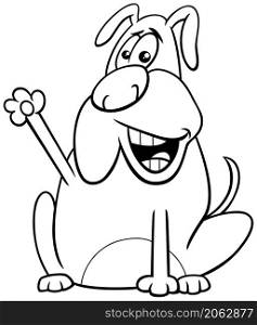 Black and white Cartoon illustration of funny dog comic animal character waving his paw coloring book page