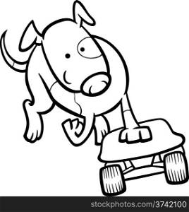 Black and White Cartoon Illustration of Funny Dog on the Skateboard for Coloring Book